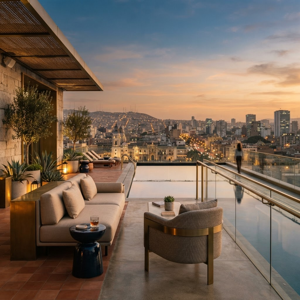 Hotel rooftop terrace at golden hour overlooking a city skyline