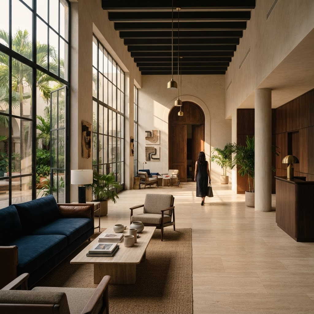Naturally lit lobby of an upscale boutique hotel with clean architectural lines