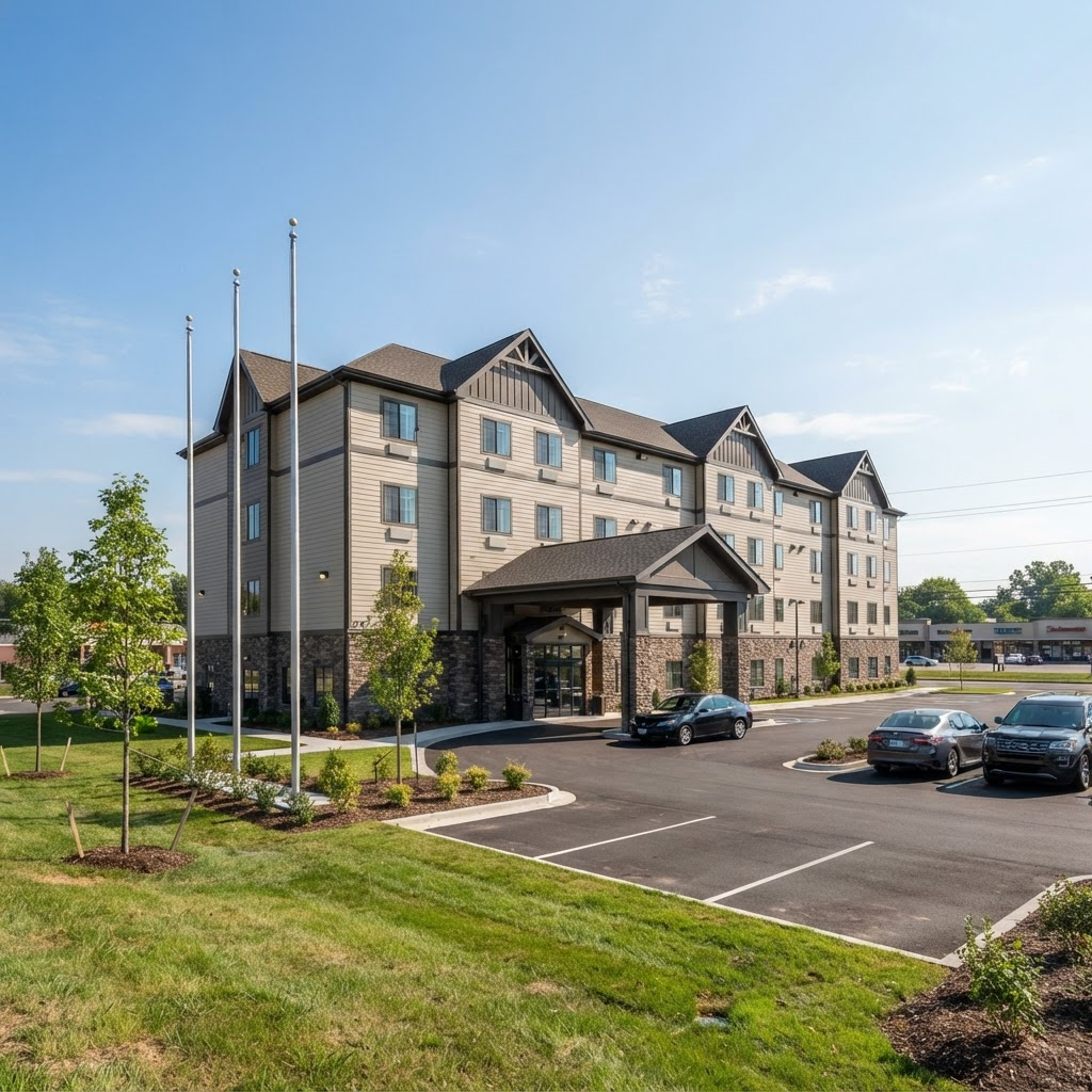 Exterior of a three-story extended-stay hotel on a sunny morning