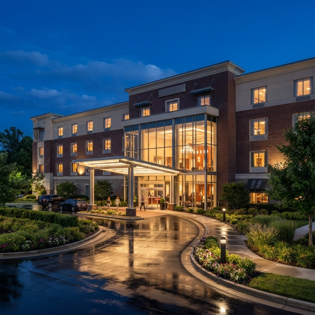 Exterior of a five-story business hotel with a lit glass atrium entrance at dusk