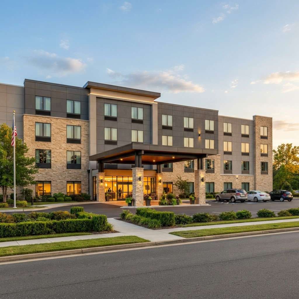 Exterior of a four-story select-service hotel with a porte-cochere entrance at golden hour